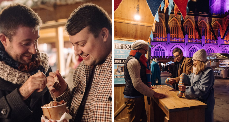 Collage of two people sharing a dessert and customers at a stall at Bath Christmas Market.