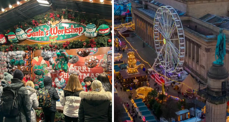 Collage of Santa's workshop and the Ferris wheel at Liverpool Christmas market.