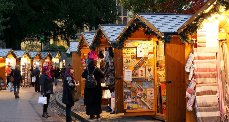 Chalet hut wooden stalls at Southampton Christmas Market.